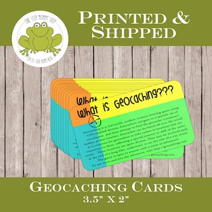 May include: A set of 10 colorful cards with the text "What is Geocaching?" and a description of the outdoor treasure hunting game using GPS-enabled devices. The cards are 3.5 inches by 2 inches.