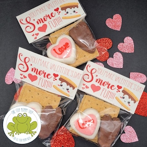 May include: Three clear plastic bags filled with s'mores ingredients for Valentine's Day. Each bag contains a graham cracker, a chocolate heart, and a marshmallow heart with the word "Love" on it. The bags are decorated with a red and white tag that says "You make Valentine's Day s'more fun!"