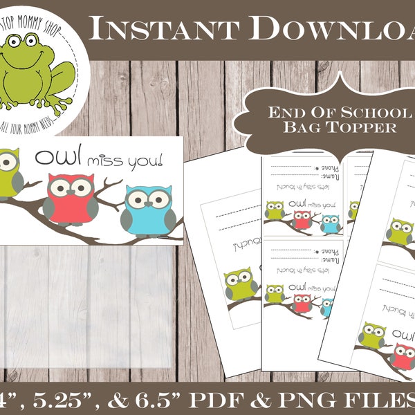 Owl Miss You Printable Bag Topper - Print at Home - Last Day of School - Summer Break - Vacation - Classroom Party - VBS - Mommy Card - Camp