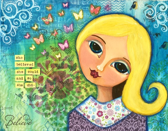 She Believed She Could Blonde Hair Dreamy Girl Mixed Media Etsy