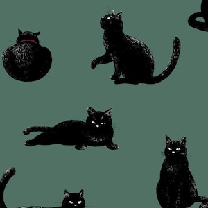 Cat Fabric, Cotton OXFORD, Large Black Cats on Green by Cosmo, By the Half or Full Yard