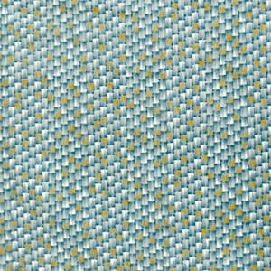 May include: Close-up of a woven fabric with a textured appearance. The fabric has a light blue background with a repeating pattern of small, square-shaped elements in white and yellow. The weave creates a subtle, grid-like design.