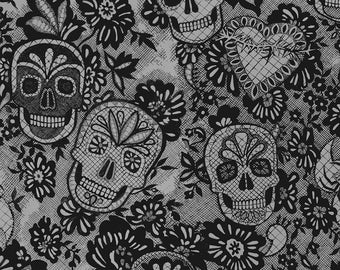 Skull Fabric, Darkly Delicate in Charcoal by Alexander Henry, By the Half or Full Yards