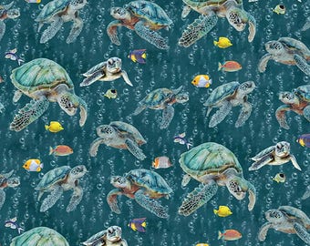 Sea Turtle Fabric, Sea Turtle Swim on Dark Teal, Under the Sea by Benartex, Last One Yard