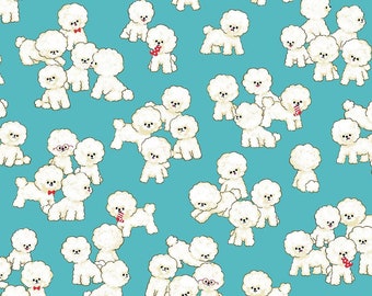 Dog Fabric, CANVAS Cotton Linen, Bichon Frise Dogs on Blue by Cosmo Fabrics, Last 22 Inches