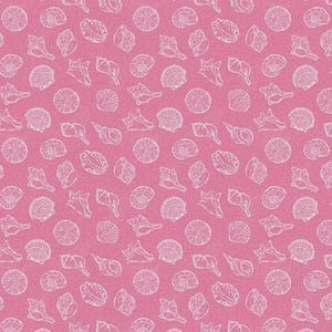 May include: Pink fabric with a repeating pattern of white seashell illustrations. The design includes various shell shapes and sizes, creating a beach or nautical theme. The fabric is measured in inches.