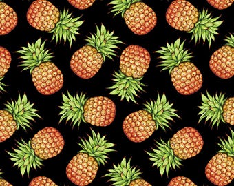 Fabric, Pineapples on Black, Paradise Awaits by Benartex, By the Half or Full Yard