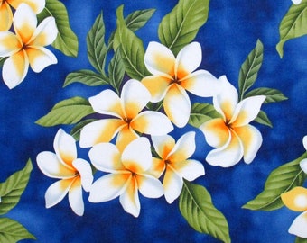 Fabric, White Plumeria Bouquet on Royal Blue, Tropical Hawaiian, By the Half or Full Yard