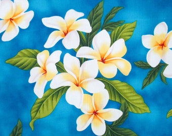 Fabric, White Plumeria Bouquet on Turquoise, Tropical Hawaiian, By the Half or Full Yard