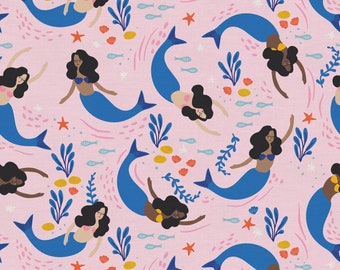 Mermaid Fabric, Magical Mermaids on Pink, Under the Sea by Paintbrush Studio, By the Half or Full Yard