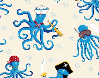 Octopi Fabric, Pirate Octopus, Belle and Blue Sea by Freckle and Lollie, By the Half or Full Yard