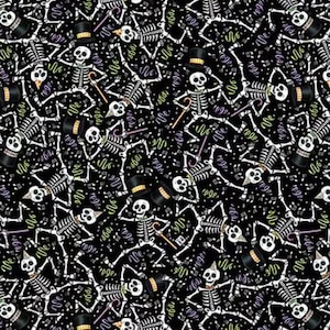 May include: A repeating pattern featuring dancing skeletons on a black background. The skeletons are white with black top hats, canes, and musical notes. Confetti-like shapes in green, purple, and yellow add to the festive Halloween theme. This design is suitable for fabric or wallpaper.