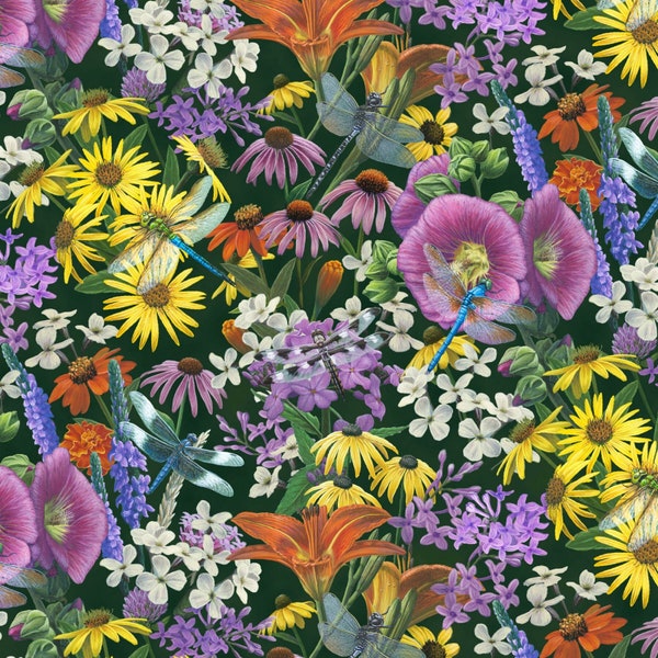 Floral Fabric, Dragonfly Magic by Elizabeth Studio, Last One Yard