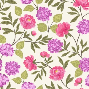 SALE Fabric, Peony and Hydrangea on Cream, Love Blooms by Lewis and Irene, By The Half or Full Yard