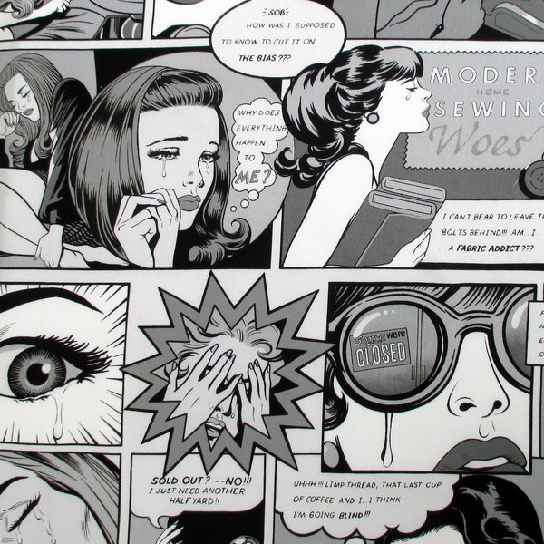 Fabric, Sewing Woes Comic Strip, Large Scale Print, Black and White, Alexander Henry, One Last Yard