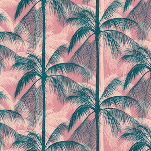 May include: A repeating pattern of teal palm trees against a pink background. The palm trees are stylized with long trunks and detailed fronds. The background features a lighter, faded version of the palm tree design.