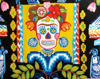 Skull Fabric, Ikat de Polanco Black by Alexander Henry, Folklorico, By The Yard