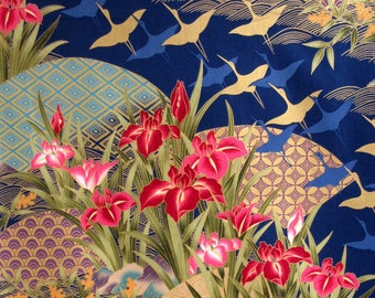 Fabric, Flying Cranes with Asian Fans, Iris Flowers on Navy, Gold Metallics, By the Yard