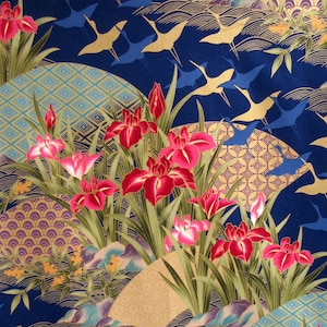 Fabric, Flying Cranes with Asian Fans, Iris Flowers on Navy, Gold Metallics, By the Yard