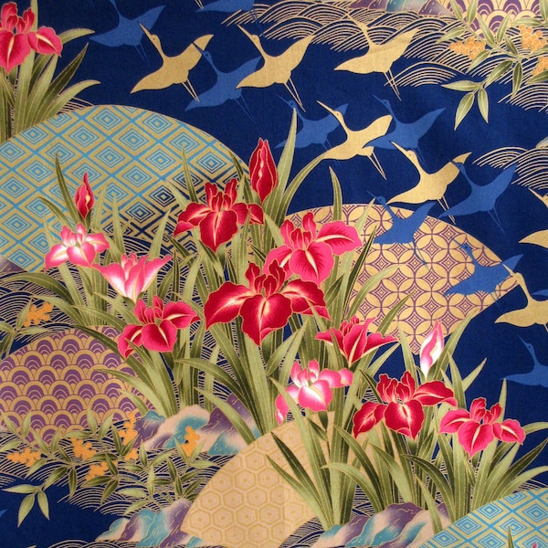 Fabric, Flying Cranes with Asian Fans, Iris Flowers on Navy, Gold Metallics, By the Yard