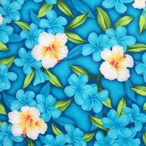 Fabric, Aloha Island Floral in Turquoise, Tropical Hawaiian, By the Half or Full Yard