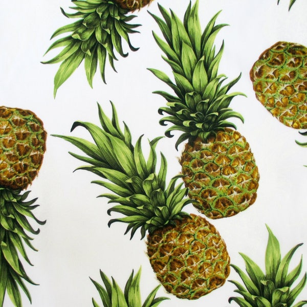 Fabric, Maui Golden Pineapples, Hawaiian Tropical Fruit on White, Large Scale, By The Yard