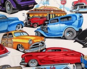 Fabric, Lead Sled on White by Alexander Henry, Classic Cars, Large Scale Print, By The Yard