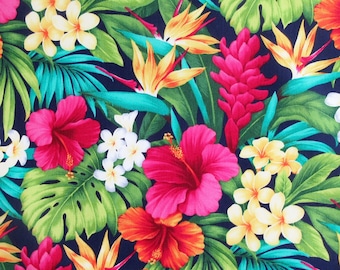 Hawaiian Fabric, Paradise Island Floral on Navy, By the Half or Full Yard