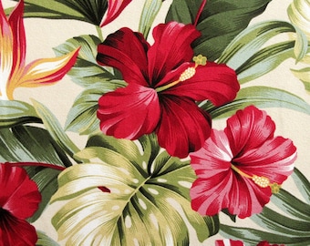 BARKCLOTH Fabric, Pua Hibiscus on Natural, Large Scale Hawaii Tropical Floral, By the Yard