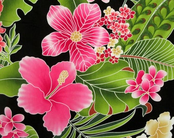 Fabric, Big Island Floral Hibiscus in Black,  Hawaiian Tropical, By the Yard