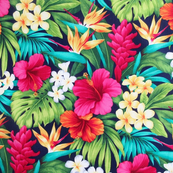 Hawaiian Fabric, Paradise Island Floral on Navy, By the Half or Full Yard