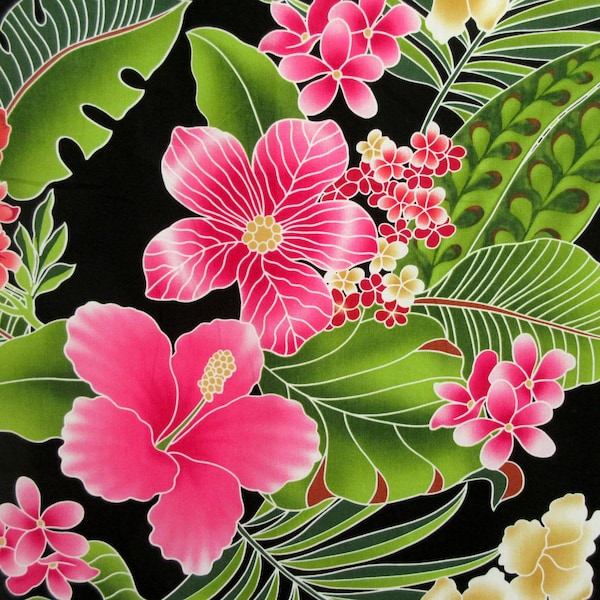 Fabric, Big Island Floral Hibiscus in Black,  Hawaiian Tropical, By the Yard