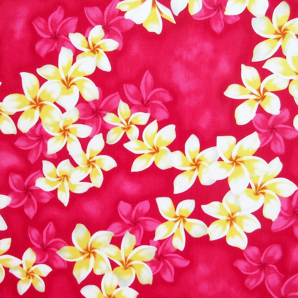 Hawaii Fabric, Island Plumeria Garland on Pink, By the Half or Full Yard