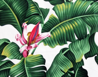 Tropical Fabric, Banana Blossom and Leaves on White, Large Scale Print, Last One Yard