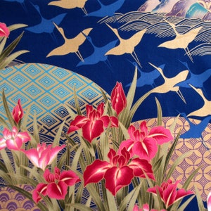Fabric, Flying Cranes with Asian Fans, Iris Flowers on Navy, Gold Metallics, By the Yard image 2