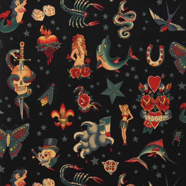 Fabric, Tattoo in Black by Alexander Henry, Mermaid Heart Skull Shark Tattoos, By the Half or Full Yard