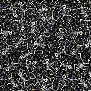 May include: Black fabric with a repeating pattern of white skeletons wearing top hats and holding canes. The skeletons are interspersed with musical notes and colorful confetti. The fabric is marked with inch measurements.