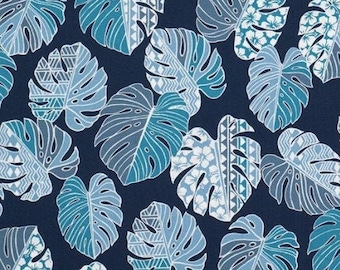 Fabric, Geo Tropical Leaves in Blue, By the Half or Full Yard