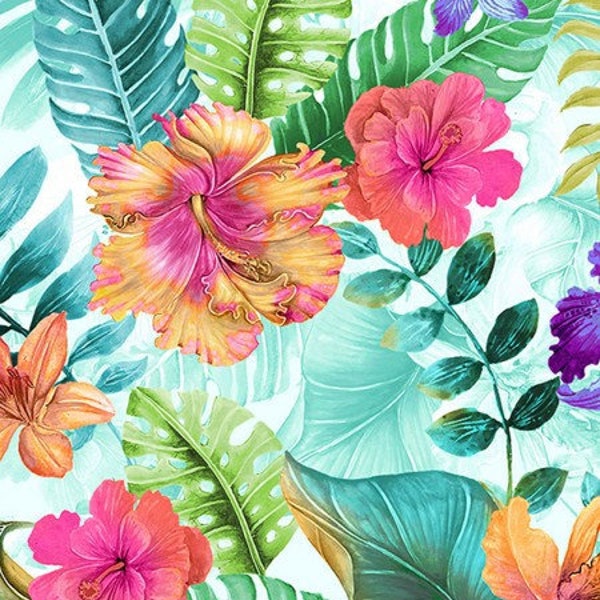 Tropical Fabric, Hibiscus Garden on Light Aqua Blue by Timeless Treasures, By the Half or Full Yard