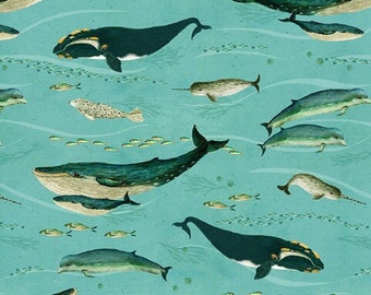 Fabric, Faroe Whales in Clear Skies, Land And Sea by Windham Fabrics, By The Half or Full Yard