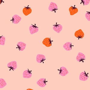 May include: A repeating pattern of stylized strawberries in shades of pink and orange on a light peach background. The strawberries have dark green stems and are scattered across the surface.