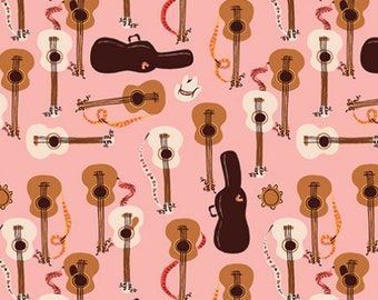 Fabric, Guitars on Pink, Far Far Away 3 by Heather Ross, By The Half or Full Yard