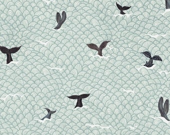 Sea Life Fabric, Whale Tails on Light Blue, Whale Tales by Windham Fabrics, BY the Half or Full Yard