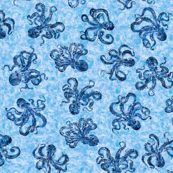 Octopus Fabric, Octopi on Blue, Ocean Blues by QT Fabrics, Last One Yard