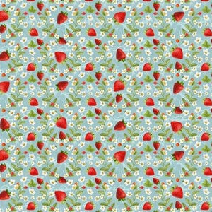 Strawberry Fabric, Small Strawberries and Flowers on Blue, Berry Sweet by Timeless Treasures, By the Half or Full Yard