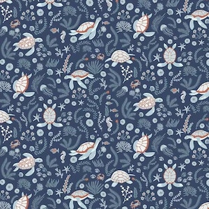 May include: Navy blue fabric with a repeating pattern of sea turtles, seahorses, and coral. The turtles have light brown shells and blue bodies. The design includes various aquatic plants and small fish.