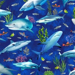 Shark Fabric, Reef Sharks, Ocean Life by Timeless Treasures, By the Half or Full Yard