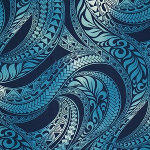 May include: A seamless pattern featuring a blue and white tribal design with a gradient effect. The pattern is made up of repeating geometric shapes and swirls.