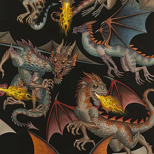 Fabric, Tale of the Dragons, Black, Fire Breathing Dragon, Large Scale Print, Alexander Henry Fabric, Last One Yard