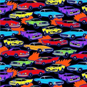 SALE Fabric, Bright Race Cars on Black by Timeless Treasures, Last One Yard